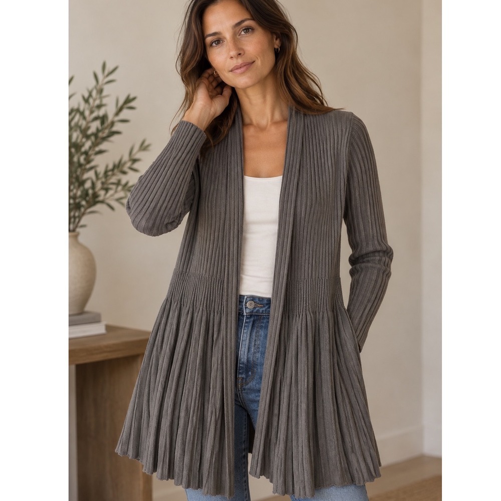 Eileen Fisher Cardigan Women XS Gray Ribbed Pleated Italian Yarn Quiet Luxury